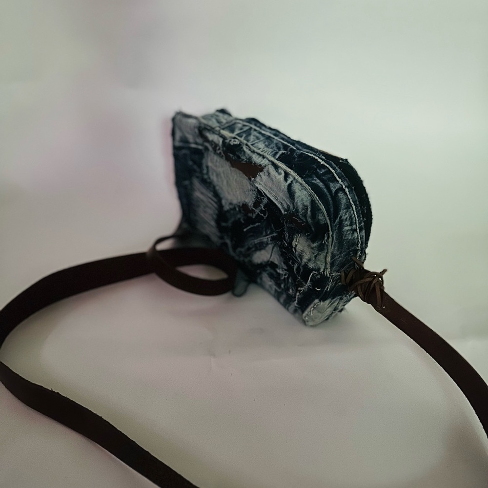 Denim Patchwork Crossbody With Brown Leather Strap - image 5